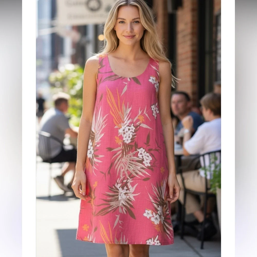J.Jill Women's 100% Linen Coral Floral Sleeveless Crew Neck Shift Dress Size MP - Picture 6 of 8